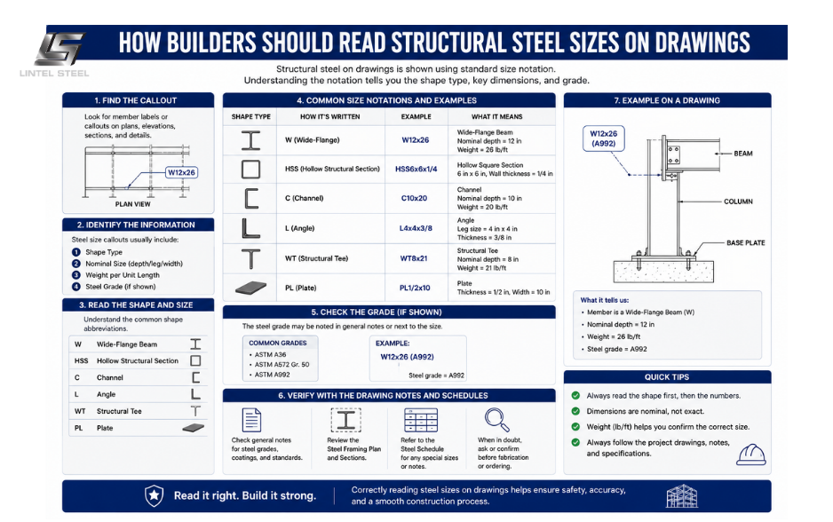 how builders should read structural steel sizes on drawings