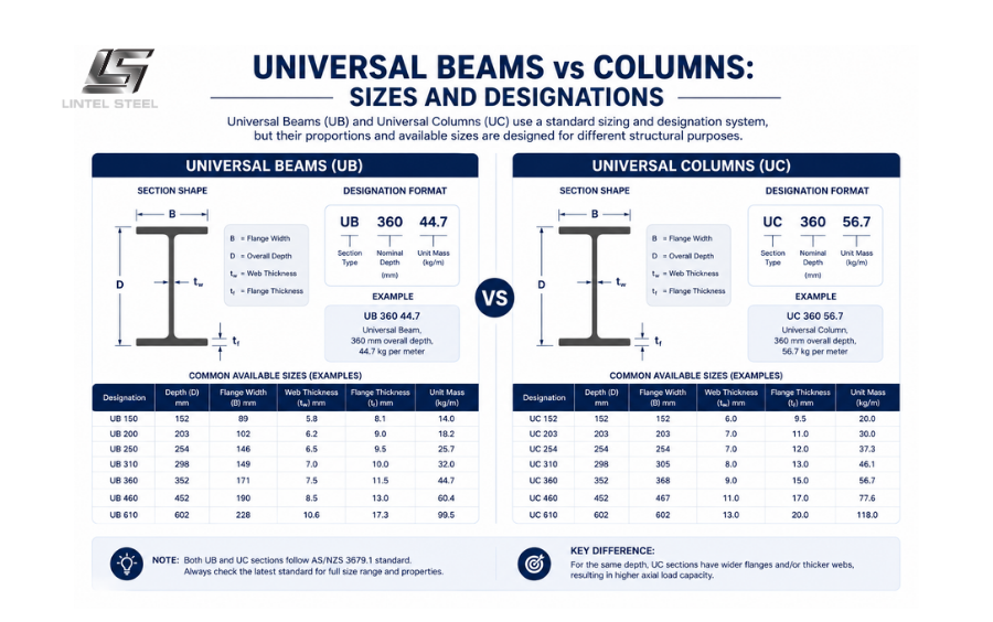 universal beams vs columns sizes and designations